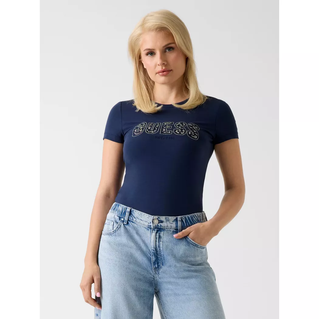 Guess pour femme. W5GI04J1314 T-shirt avec logo slim fit bleu (XS), Casuel, Coton