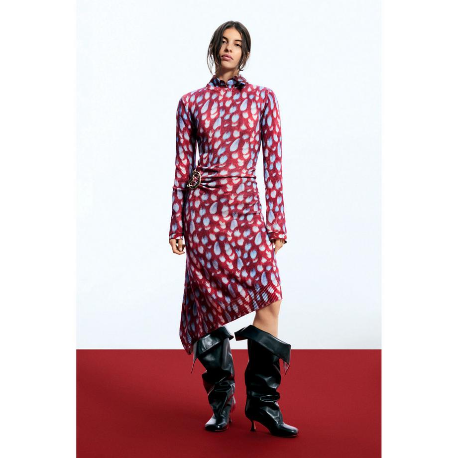 Desigual Robe Midi Imprimée Manches Longues avec Détail Boucle  