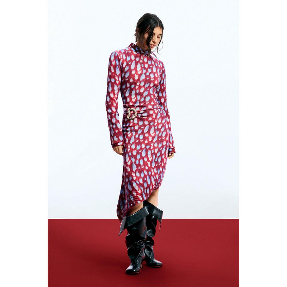 Desigual Robe Midi Imprimée Manches Longues avec Détail Boucle  