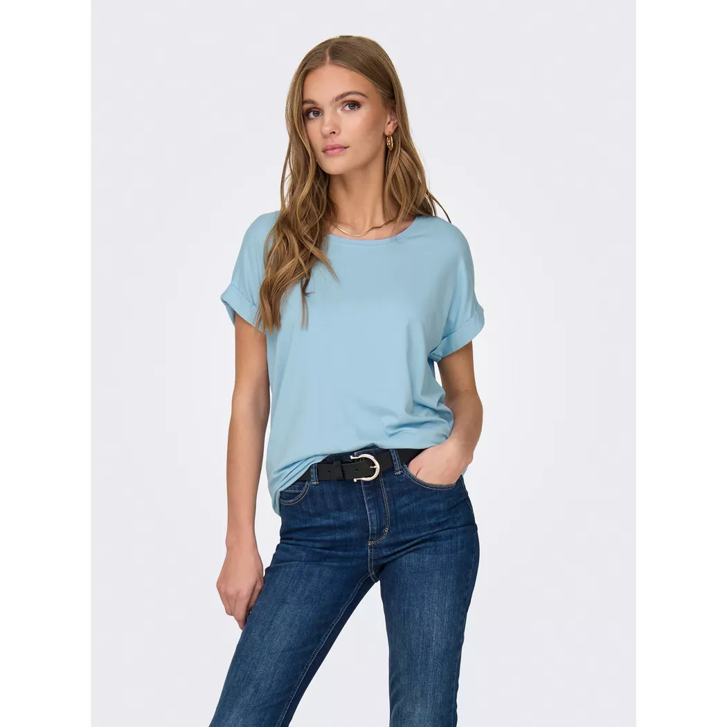 T-Shirt ONLY "ONLMOSTER – Kurzarmshirt mit Aufschlag und klassischem Look", Damen, Gr. S, blau (clear sky), Jersey, Obermaterial: 75% Viskose, 20% Polyester, 5% Elasthan, unifarben, regular fit normal, Rundhals, mit Aufschlag, Shirts T-Shirt, Viskosemisch