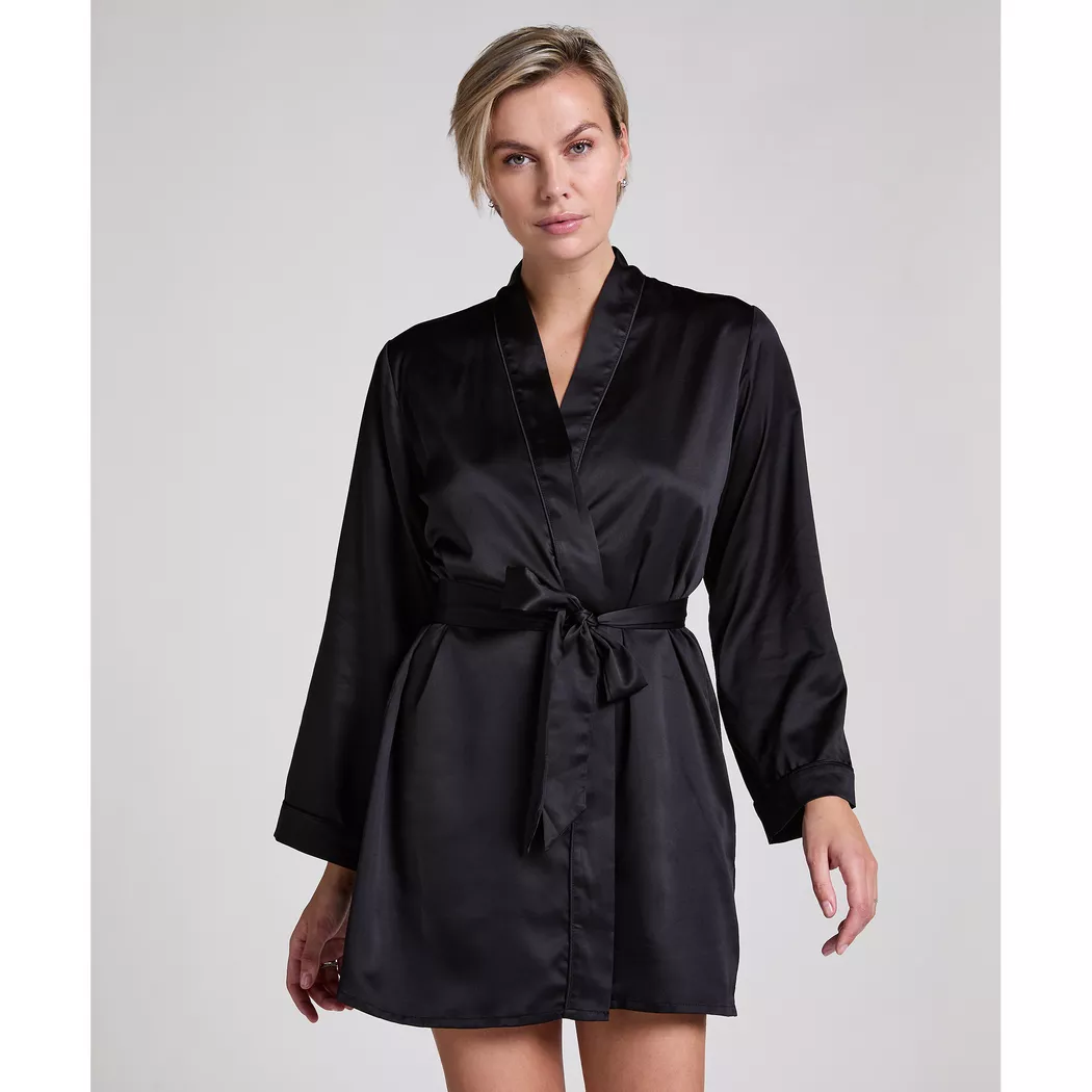 Bademantel HUNKEMÖLLER "Kimono Satin" Gr. M, schwarz, M/L, 100% Polyester, Hausmäntel, Bademantel