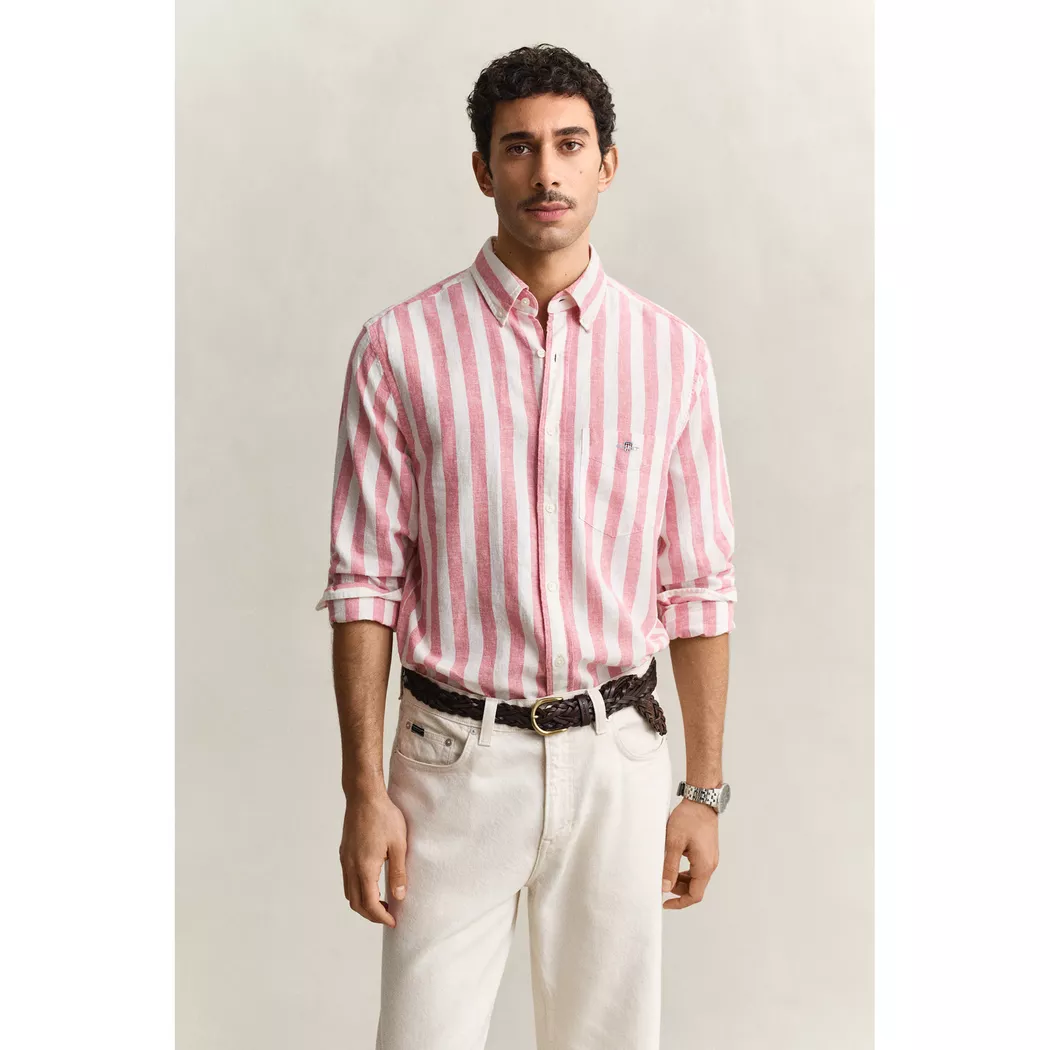 Langarmhemd GANT "Hemd REGULAR COTTON LINEN STRIPE SHIRT 1er Pack", Herren, Gr. XXL, N-Gr, pink (rosa), Obermaterial: 55% Leinen LI. 45% Baumwolle CO., Hemden