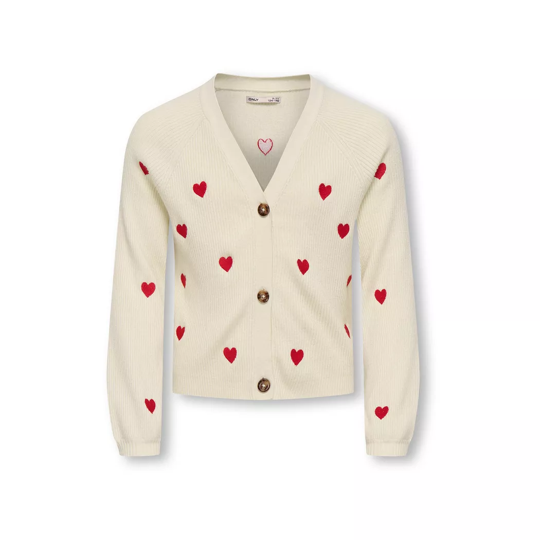 Strickjacke KIDS ONLY "KOGDANA LIFE LS HEART VNECK CARDIGAN KNT", Mädchen, Gr. 146/152, tofu detail:emb barbados cherry, heart, Strick, Obermaterial: 50% Viskose, 27% Nylon, 23% Polyester, bestickt, unifarben, loose fit normal, V-Ausschnitt, Raglanärmel S