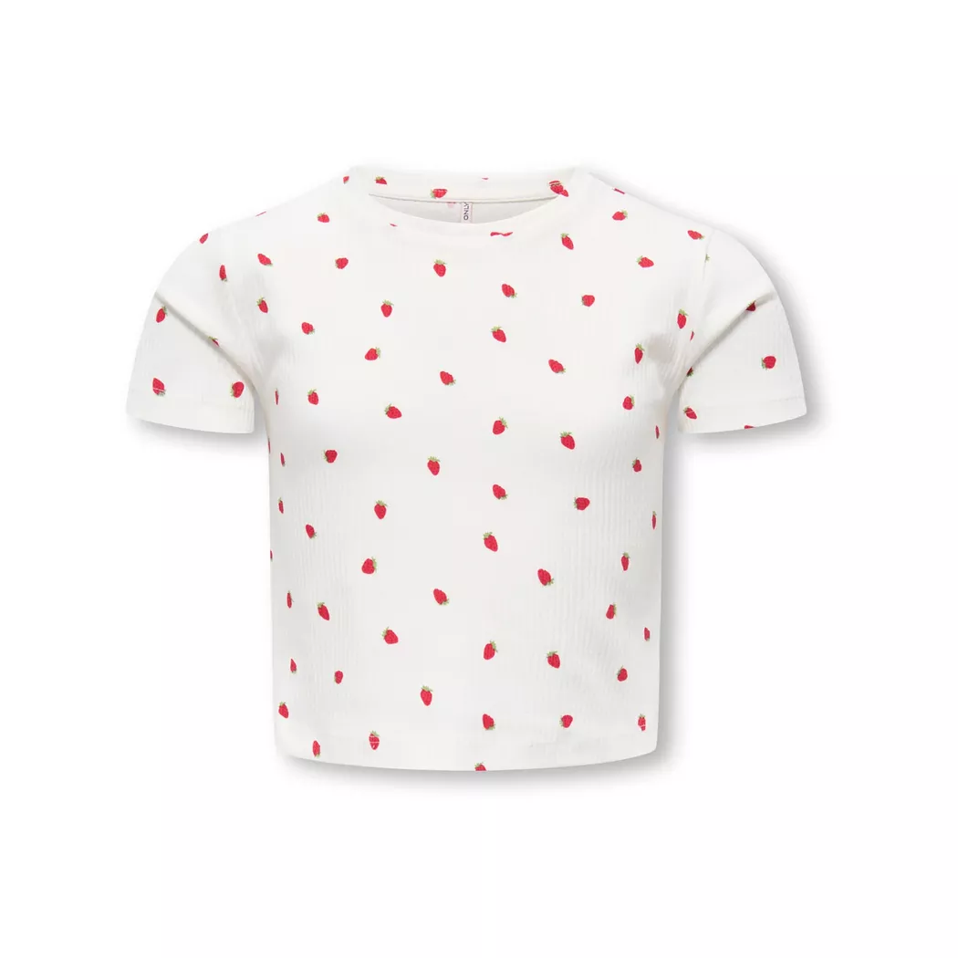 T-Shirt KIDS ONLY "KOGBELLA LIFE SHORT AOP S/S TOP JRS NOOS", Mädchen, Gr. 122/128, cloud dancer aop:strawberries, Feinripp, Obermaterial: 95% Baumwolle, 5% Elasthan, Minimalmuster, bedruckt, figurbetont taillenbedeckt, Rundhals, Shirts T-Shirt