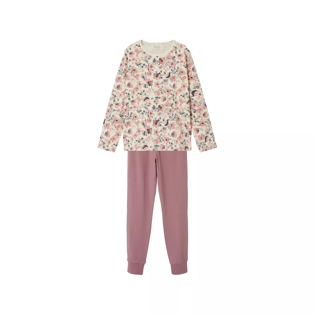 Pyjama NAME IT "NKFNIGHTSET NOSTALGIA FLOWER NOOS", Mädchen, Gr. 146 (152), rosa (nostalgia rose), Jersey, Obermaterial: 95% Baumwolle, 5% Elasthan, bedruckt, relaxed fit normal, Rundhals, abgesteppte Kante, Homewear-Sets Pyjama, in Basic-Form 2