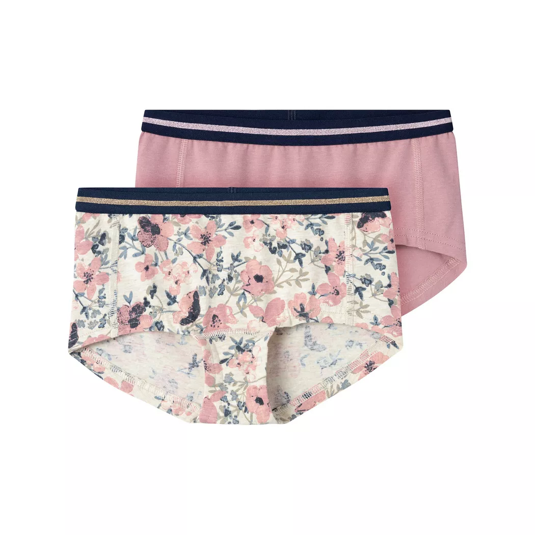 Boxershorts NAME IT "NKFHIPSTER 2P NOSTALGIA FLOWER NOOS", Mädchen, Gr. 158 (164), rosa (nostalgia rose), Jersey, Obermaterial: 95% Baumwolle, 5% Elasthan, bedruckt, eng, Unterhosen