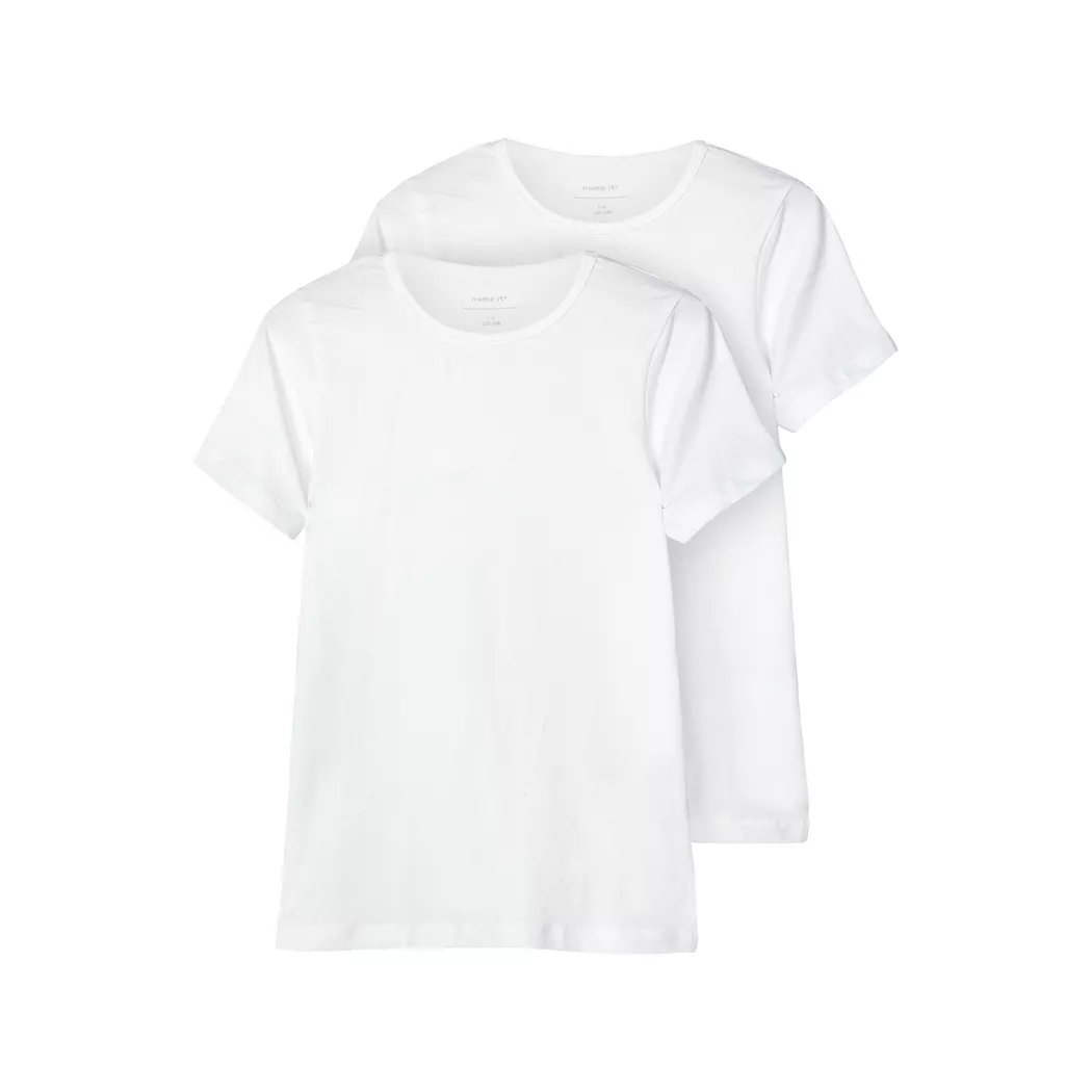 T-Shirt NAME IT "NKMT-SHIRT – T-Shirt im 2er-Pack mit Rundhals", Jungen, Gr. 134 (140), weiß (hellweiß), Jersey, Obermaterial: 95% Baumwolle, 5% Elasthan, unifarben, slim fit hüftbedeckend, Rundhals, abgesteppte Kante, Shirts T-Shirt, unifarben, casual, s
