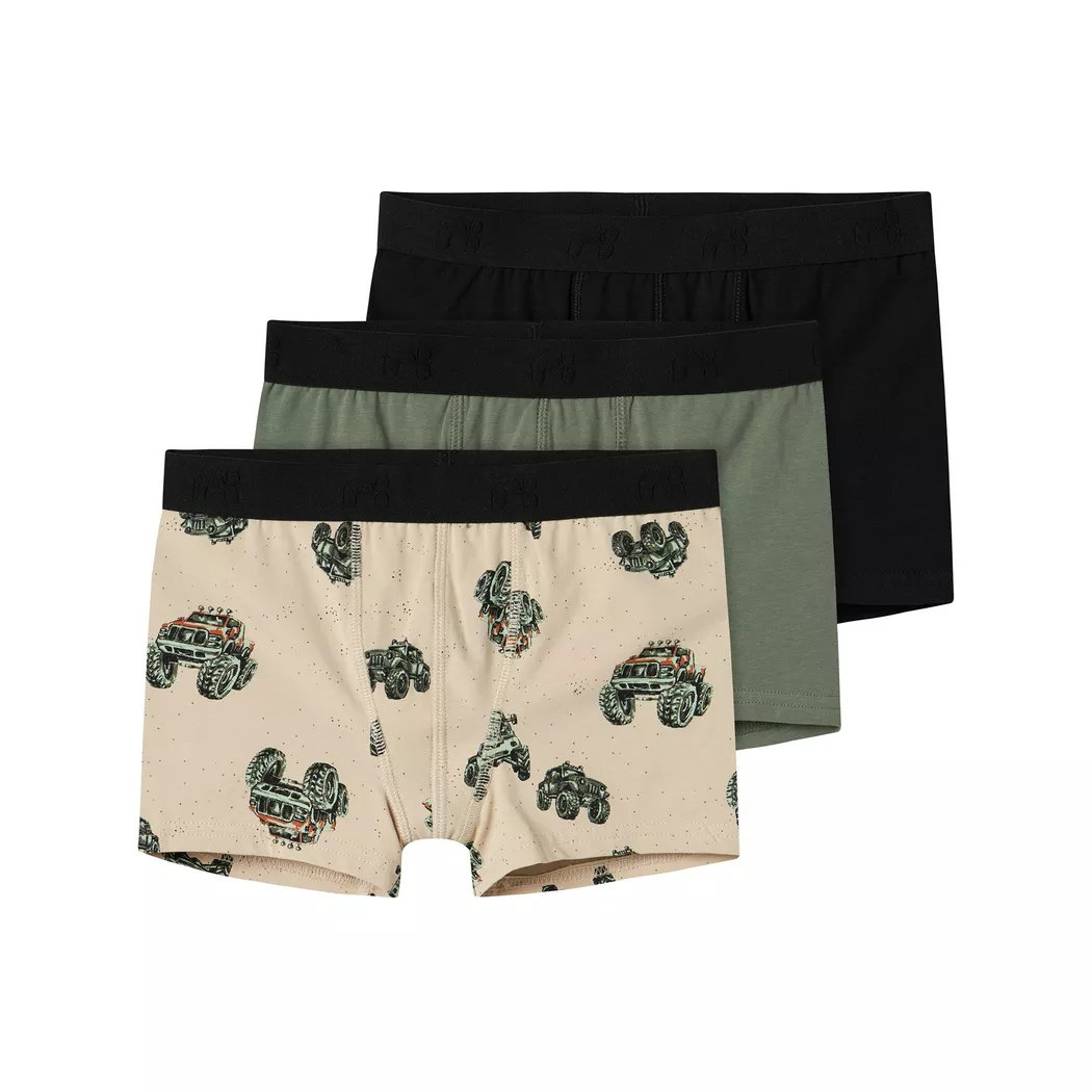 Trunk NAME IT "NKMBOXER 3P PEYOTE MONSTER TRUCK NOOS", Jungen, Gr. 122 (128), 3 Stk., beige (peyote), Jersey, Obermaterial: 95% Baumwolle, 5% Elasthan, unifarben, eng, Unterhosen