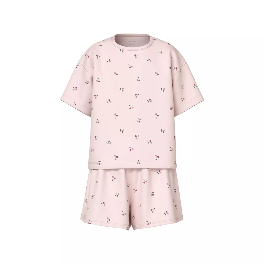 Pyjama NAME IT "NKFNIGHTSET NOSTALGIA FLOWER NOOS", Mädchen, Gr. 146 (152), rosa (nostalgia rose), Jersey, Obermaterial: 95% Baumwolle, 5% Elasthan, bedruckt, relaxed fit normal, Rundhals, abgesteppte Kante, Homewear-Sets Pyjama, in Basic-Form