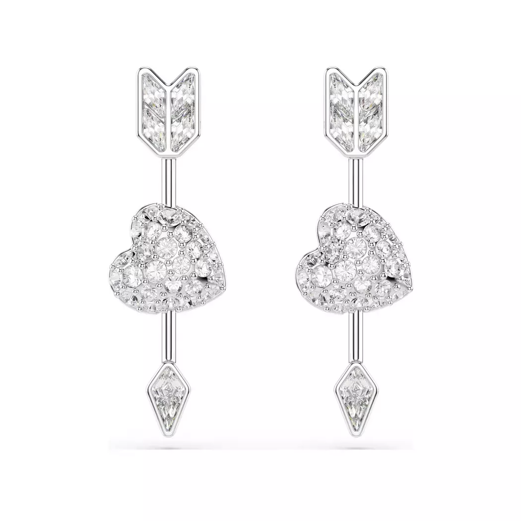 Swarovski Rhodium Plated Idyllia Mixed Cuts Arrow Pierced Heart Drop Earrings