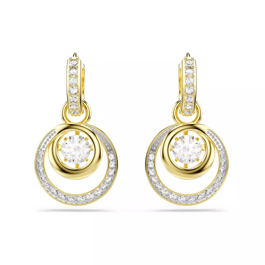 Hyperbola Gold Tone Plated Round Cut Crystal Drop Earrings