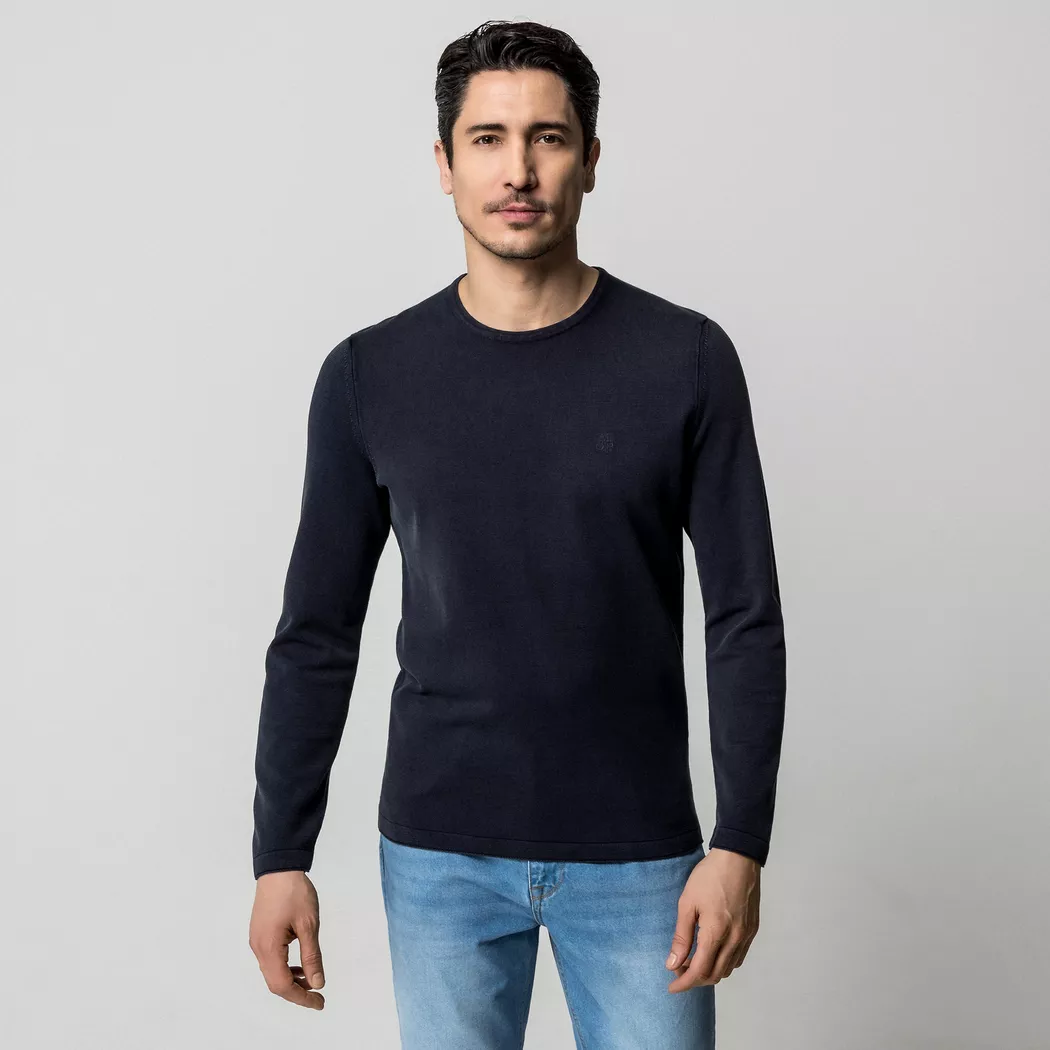 Rundhalspullover MARC O'POLO "aus zertifizierter Bio-Baumwolle", Damen, Gr. L, schwarz navy, Obermaterial: 100% Baumwolle, unifarben, Rundhals, Pullover Rundhalspullover