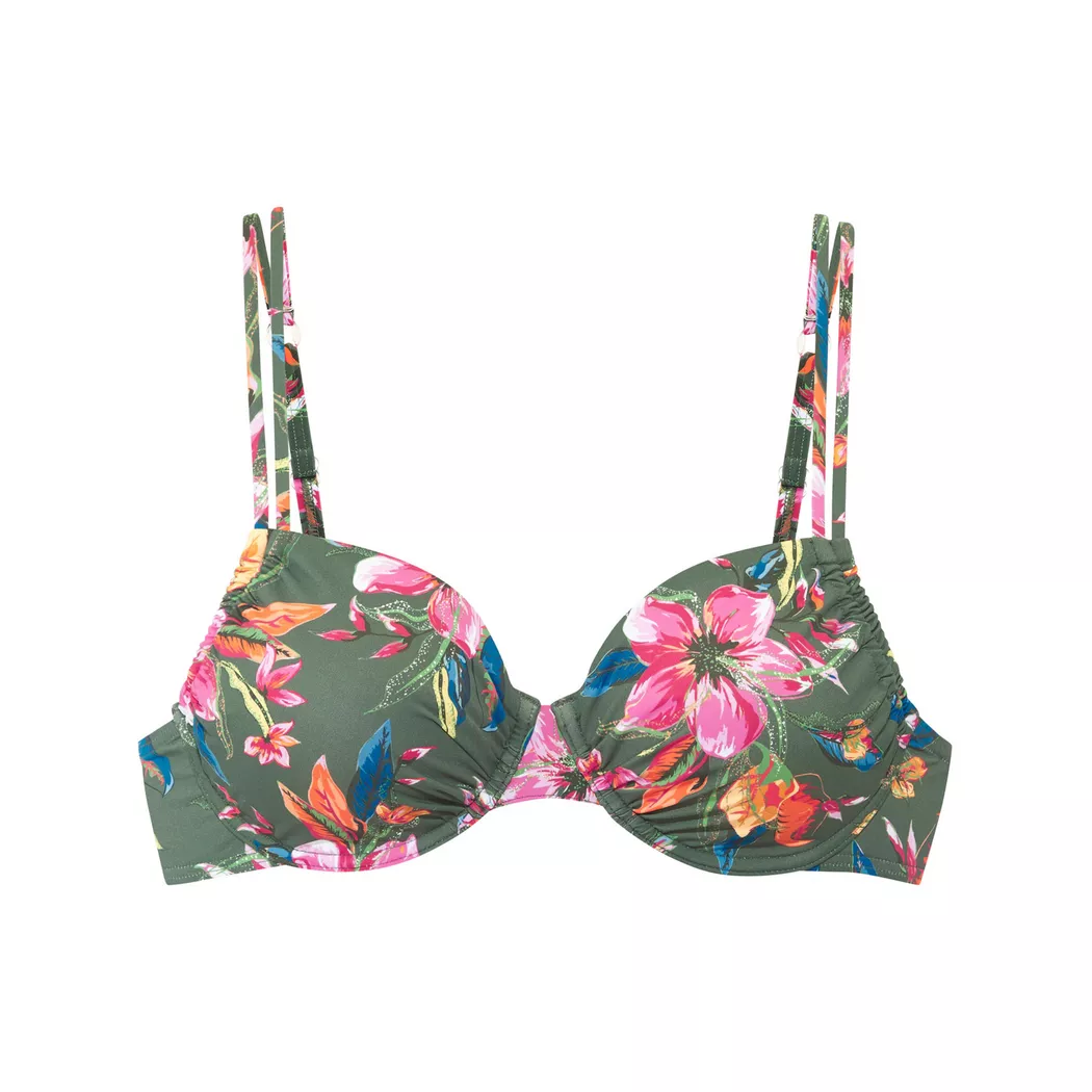Bügel-Bikini-Top LASCANA "Malia", Damen, Gr. 44, Cup D, blau (oliv bedruckt), Microfaser, bedruckt, Bikini-Oberteile, mit tropischem Print