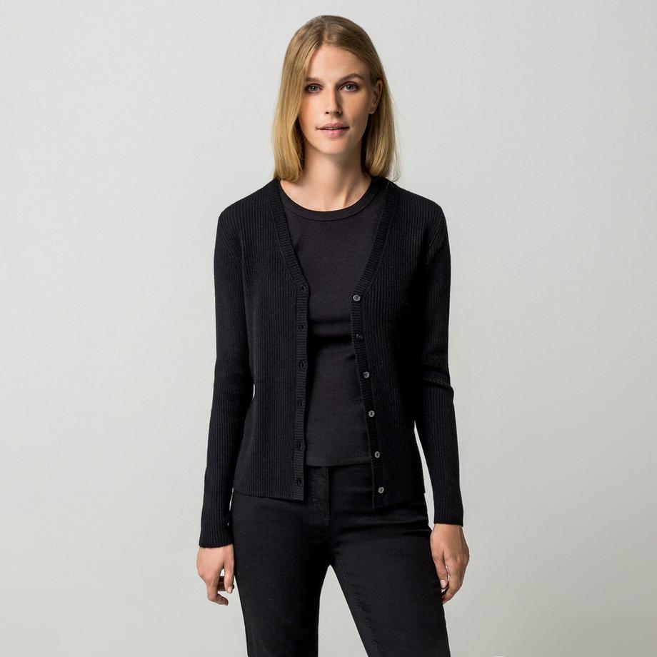Manor Woman V-Ausschnitt Rippstrick Cardigan mit Vorderknöpfen  
