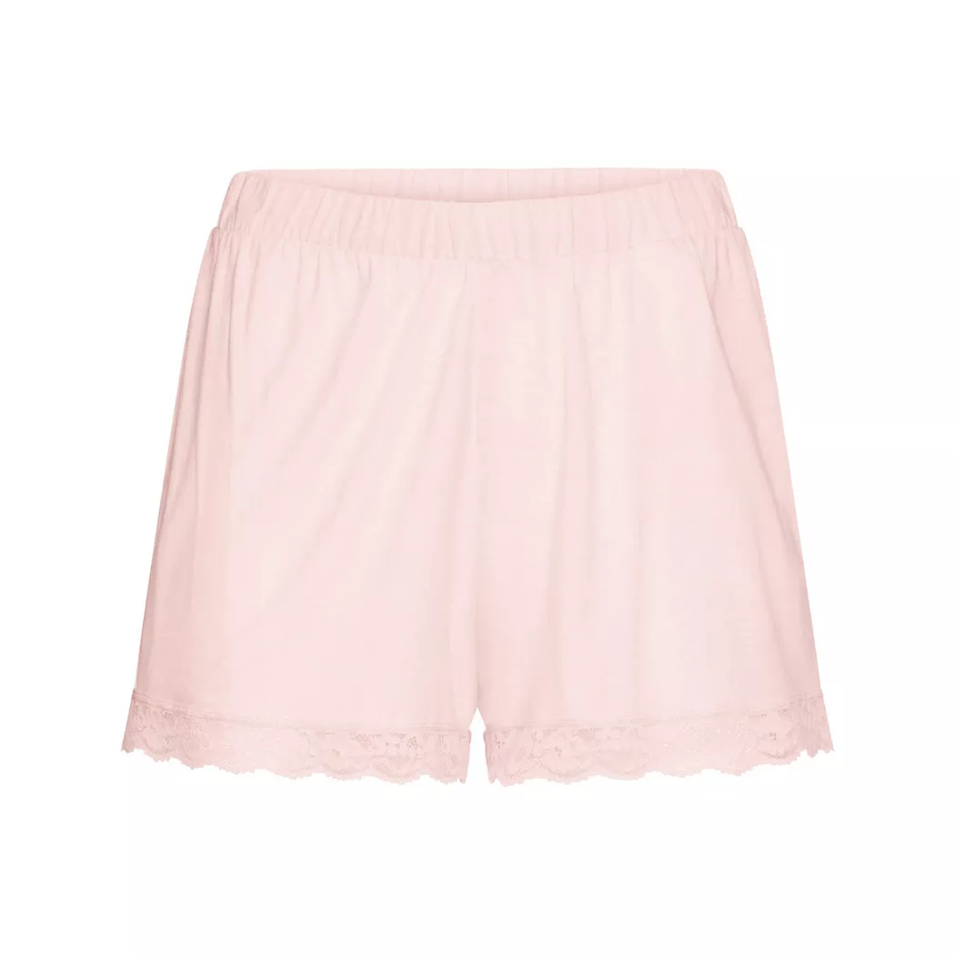 Schlafhose LASCANA, Damen, Gr. 44/46, N-Gr, blau (rosa), Single Jersey, Obermaterial: 100% Viskose, unifarben, loose fit kurz, Hosen Schlafhose, mit Spitzenbesatz am Beinsaum