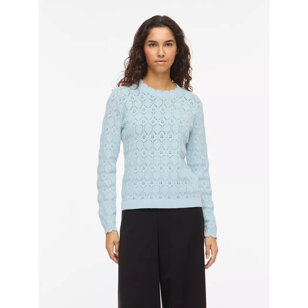 Rundhalspullover VILA "VILOWEN L/S POINTELLE KNIT TOP/PB", Damen, Gr. M, nantucket breeze, Strick, Obermaterial: 90% Baumwolle, 10% Nylon, unifarben, normal, Rundhals, Pullover Rundhalspullover