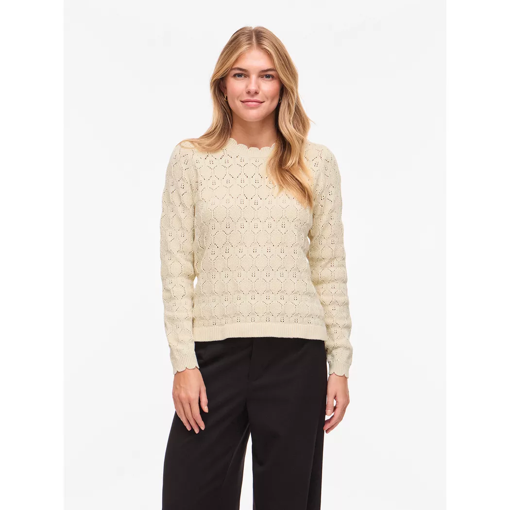 Rundhalspullover VILA "VILOWEN L/S POINTELLE KNIT TOP/PB", Damen, Gr. XS, birch, Strick, Obermaterial: 90% Baumwolle, 10% Nylon, unifarben, normal, Rundhals, Pullover Rundhalspullover