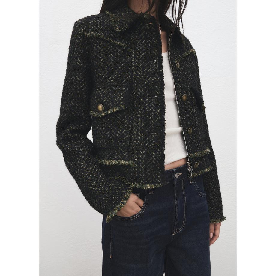 MANGO CHAKETI Tweed Jacke mit ausgefransten Details  