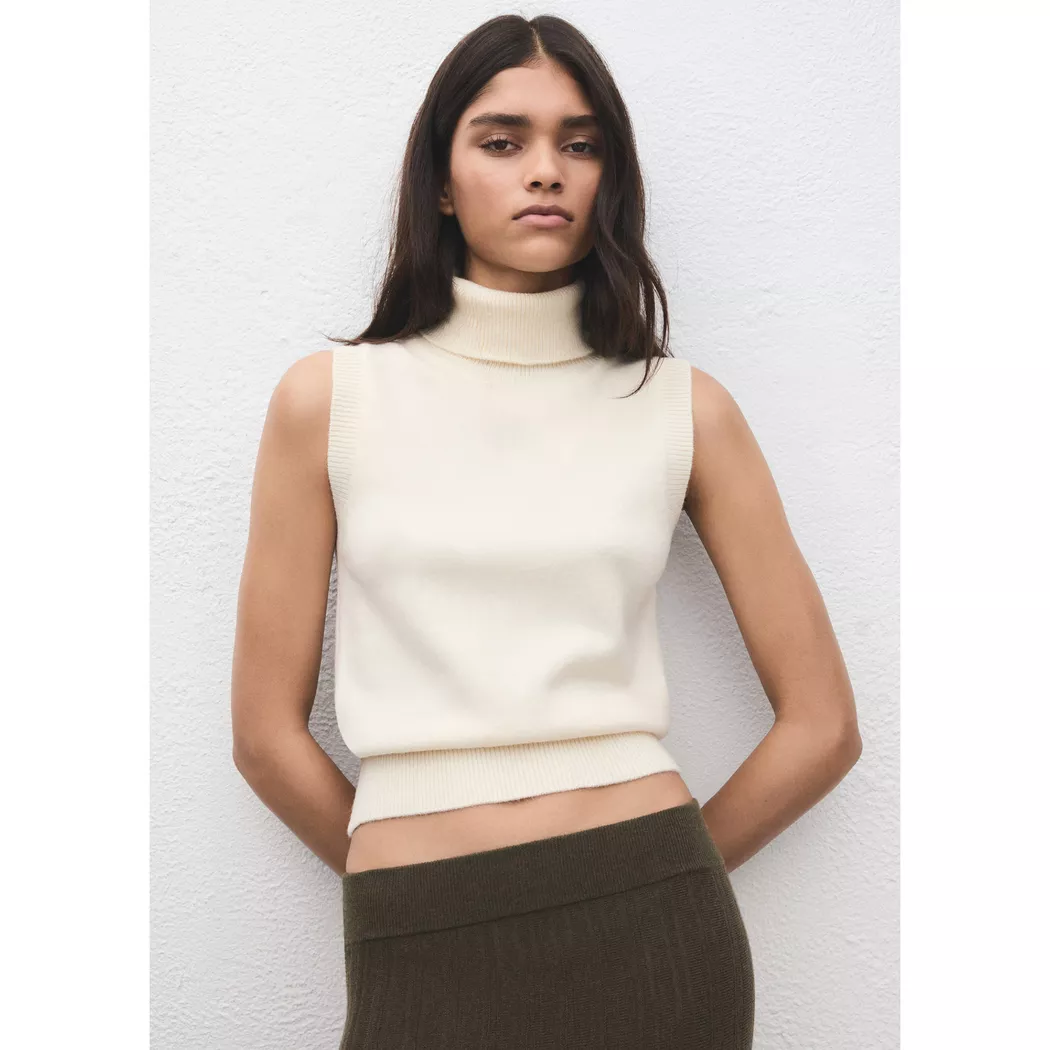 Mango - Top, Baby ärmelloses Rollkragen-Top, XS, Café
