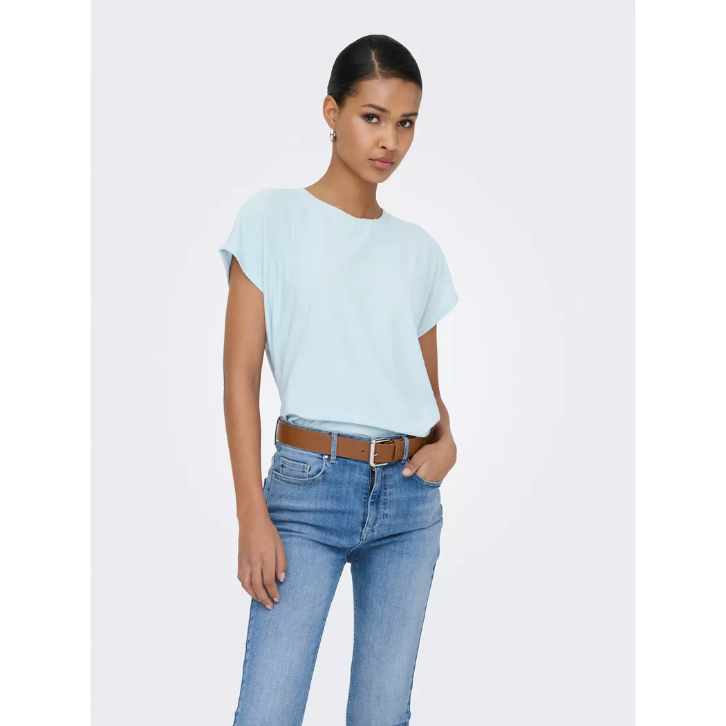Kurzarmshirt ONLY "ONLMOLLY S/S O-NECK DOBBY TOP JRS", Damen, Gr. XS, winter sky, Jersey, Obermaterial: 80% Polyester, 20% Viskose, unifarben, regular fit normal, Rundhals, Shirts, Materialmix, regular fit, Rundhals