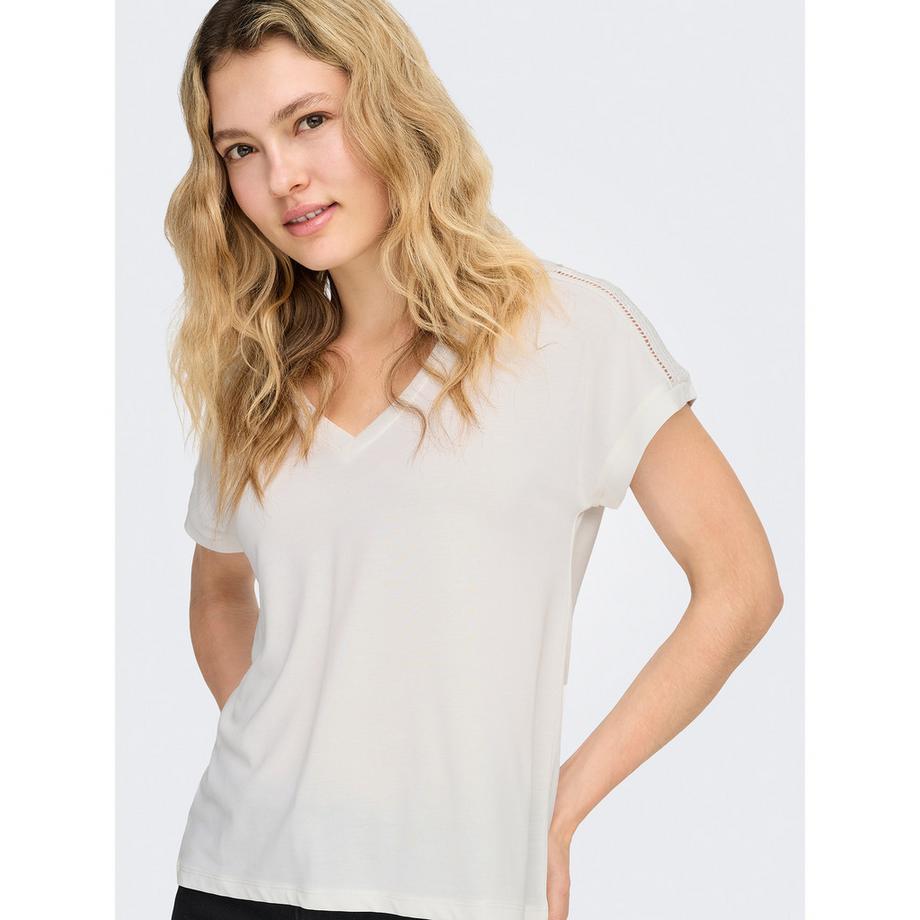 ONLY T-Shirt Col V Détails Dentelle  