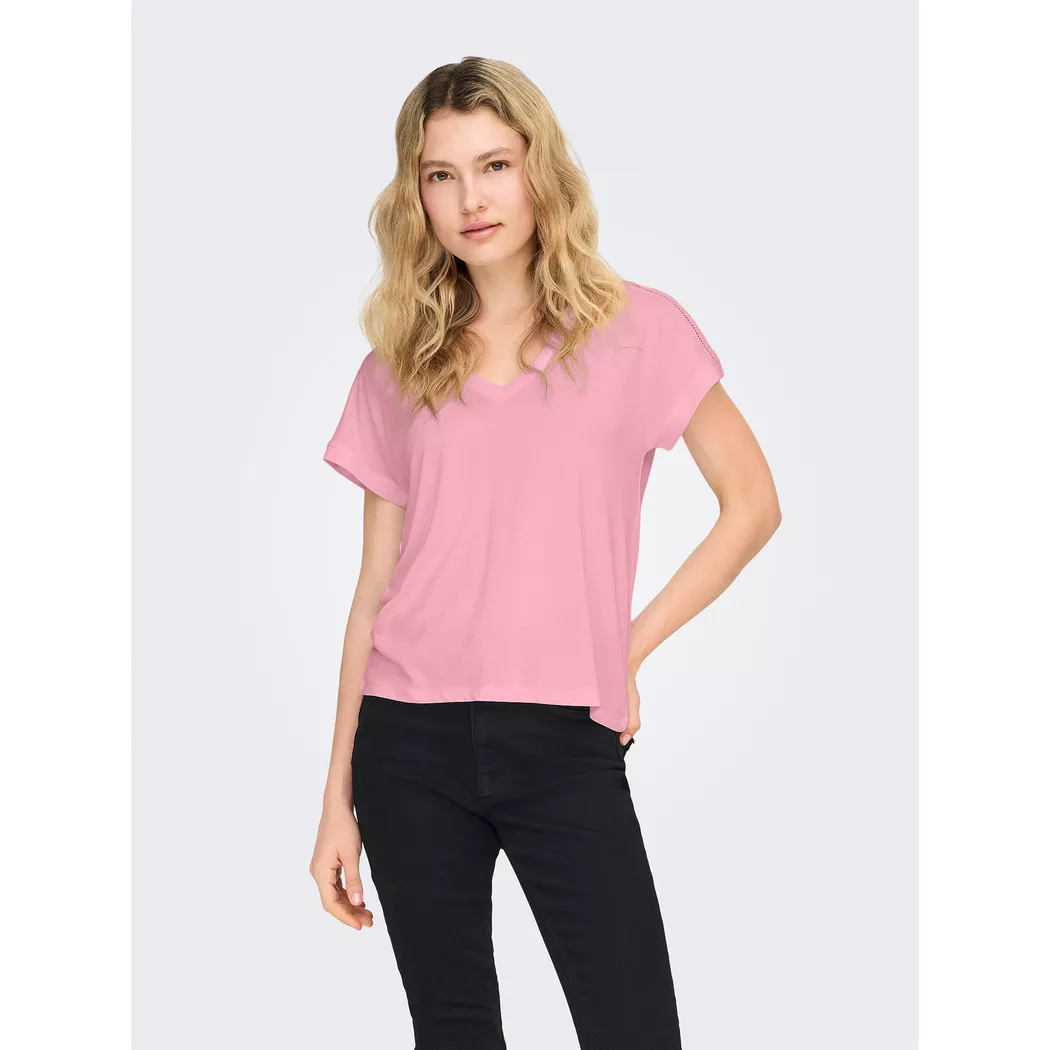 V-Shirt ONLY "ONLFREE LIFE S/S V-NECK LACE TOP JRS", Damen, Gr. S, romance rose detail:skye lace, Jersey, Obermaterial: 70% Modal, 30% Polyester, unifarben, loose fit normal, V-Ausschnitt, Shirts, Materialmix, loose fit, V-Ausschnitt