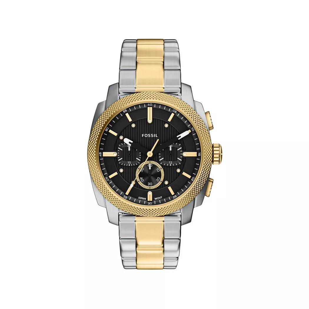 Chronograph FOSSIL "Machine", edelstahlfarben, gelbgoldfarben, Armbanduhren, Damen, Chronograph, Quarzuhr, Armbanduhr, Herrenuhr, Edelstahlarmband, analog