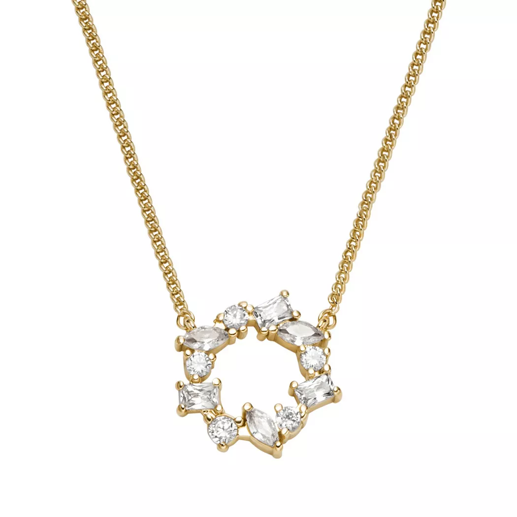 Kette mit Anhänger FOSSIL "Schmuck Geschenk Metall ELLIS", gelbgoldfarben, kristallweiß, Halsketten, Damen, Metall, L: 45,5 B: 1mm, mit Zirkonia (synth.), B:1mm 2