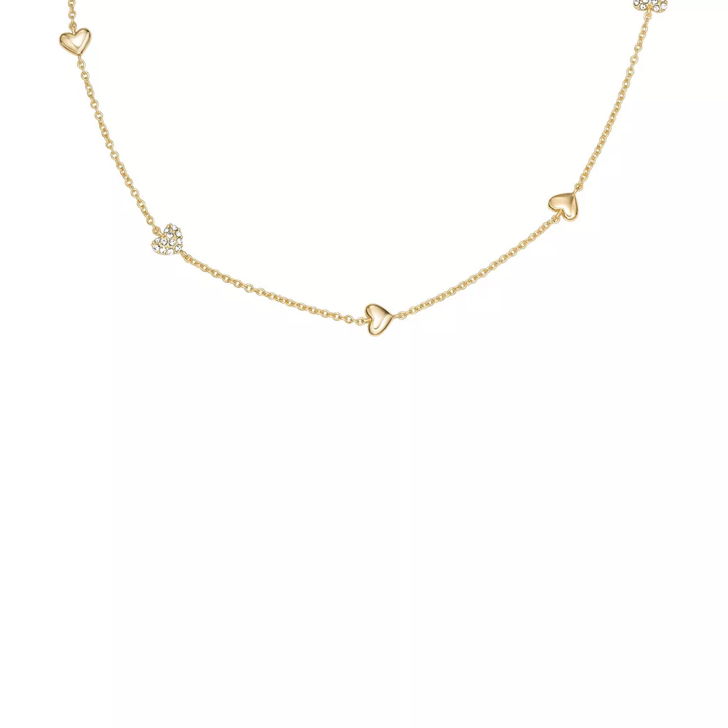 Kette mit Anhänger FOSSIL "Schmuck Geschenk Edelstahl SUTTON", gold (gelbgoldfarben, kristallweiß), Halsketten, Damen, Edelstahl, L: 45,5 B: 2mm, mit Glasstein, B:2mm 3