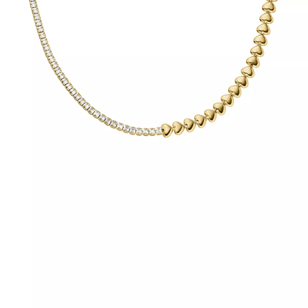 Kette mit Anhänger FOSSIL "Schmuck Geschenk Edelstahl SUTTON", gold (gelbgoldfarben, kristallweiß), Halsketten, Damen, Edelstahl, L: 45,5 B: 2mm, mit Glasstein, B:2mm