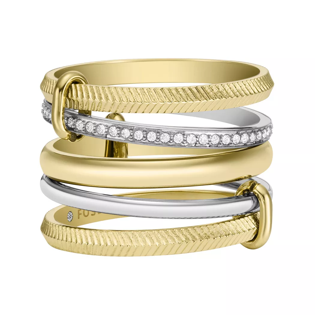 Fingerring FOSSIL "Schmuck JEWELRY ALL STACKED UP TWO-TONE PRESTACK RING" Gr. 16,5, gelb (edelstahlfarben, gelbgoldfarben, kristallweiß), Fingerringe, Damen, 16,5, Edelstahl, 15,6mm, Fingerring, mit Glasstein