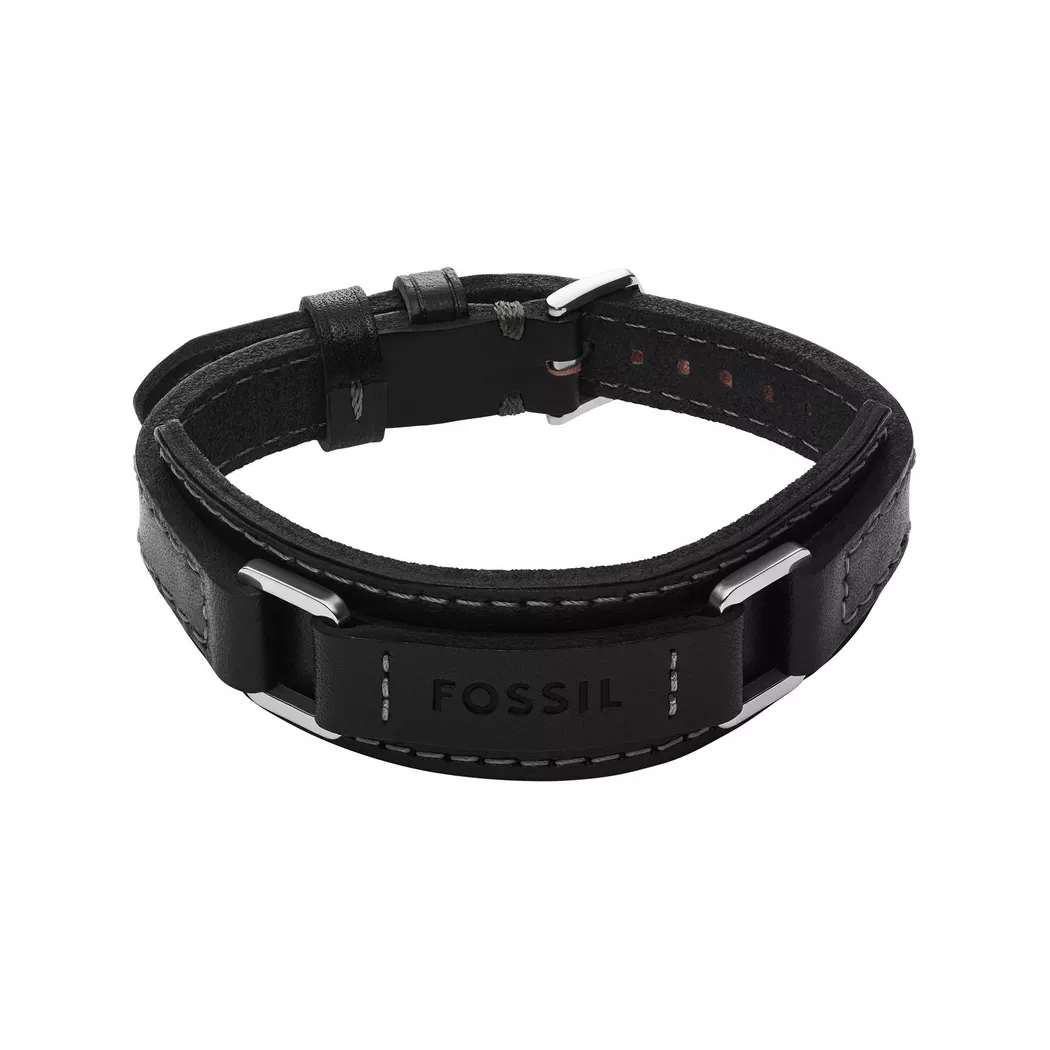 Armband FOSSIL "Schmuck Geschenk Metall, Leder, Textil MACHINE", edelstahlfarben, schwarz, Armbänder, Damen, 26cm, Edelstahl Leder Textil, Edelstahl, Leder, Textil, Armband