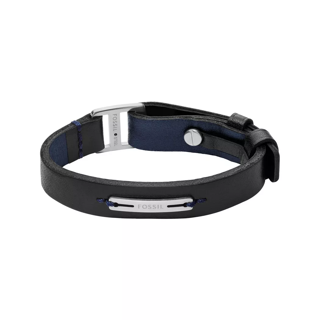 Lederarmband FOSSIL "Schmuck Geschenk Edelstahl, Leder MACHINE", edelstahlfarben, schwarz, blau, Armbänder, Herren, 31,4cm, Edelstahl Leder, Edelstahl, Leder, Lederarmband