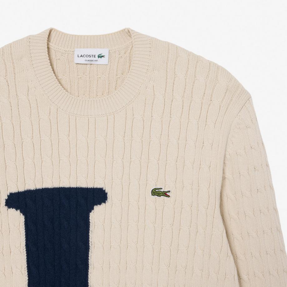 LACOSTE Classic Fit Strickpullover mit großem L-Logo und Zopfmuster  