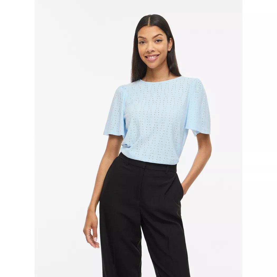 Rundhalsshirt VILA "VIBELLI O-NECK S/S TOP - NOOS", Damen, Gr. L, nantucket breeze, Jersey, Obermaterial: 95% Polyester, 5% Elasthan, unifarben, regular fit normal, Rundhals, Shirts Rundhalsshirt