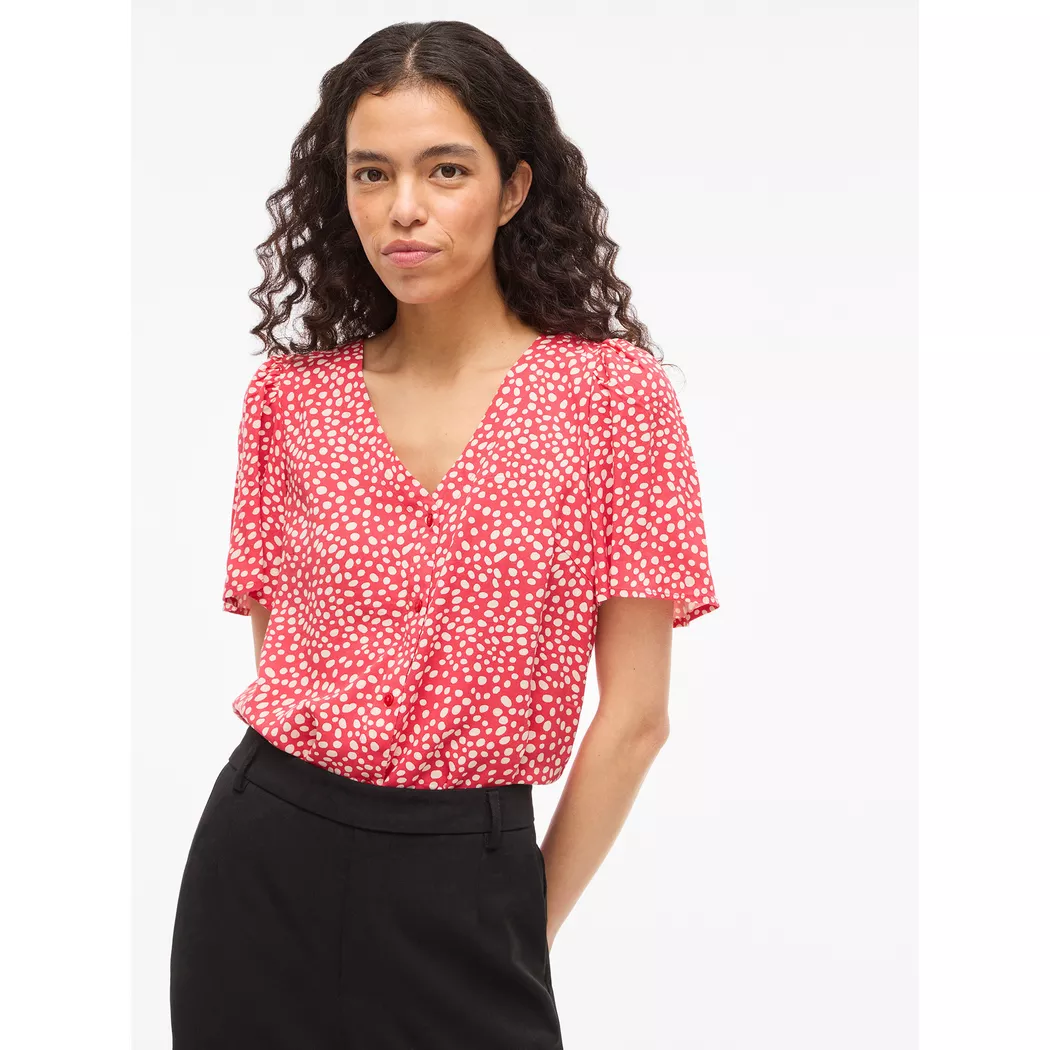 Hemdbluse VILA "VIGRACE V-NECK S/S SHIRT - NOOS", Damen, Gr. 42, hibiscus aop:dot sandshell, Obermaterial: 100% Viskose, bedruckt, regular fit normal, Blusen Hemdbluse