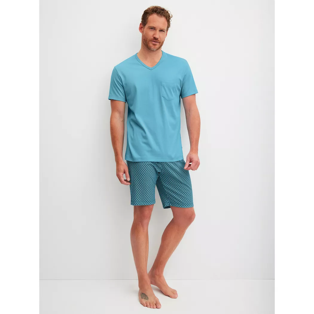 Shorty CALIDA "Relax Streamline 1", Damen, Gr. XXL (58/60), retro blau, Interlock, Obermaterial: 100% Baumwolle, bequem kurz, V-Ausschnitt, Homewear-Sets Shorty, weich, Interlock-Qualität, kurze Ärmel 4