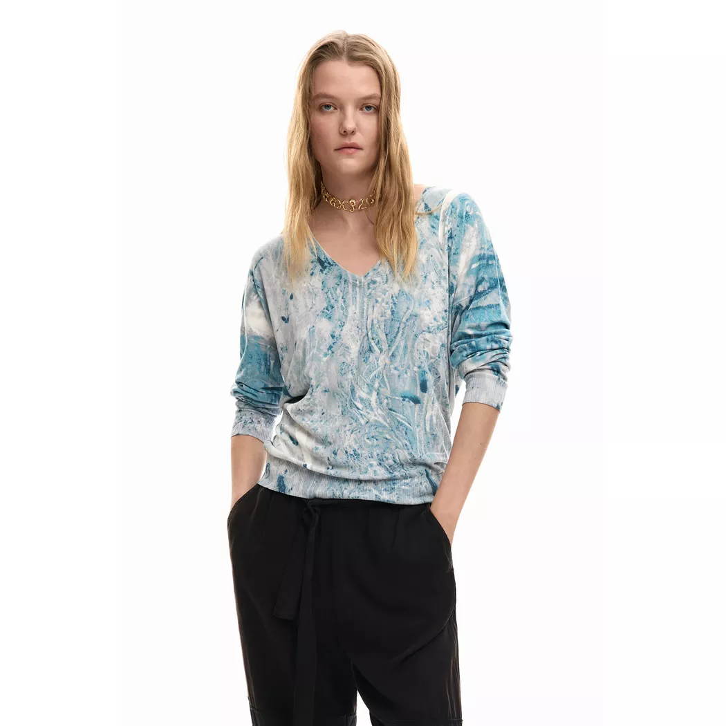 Desigual Pull col en v à motif abstrait BLUE L female