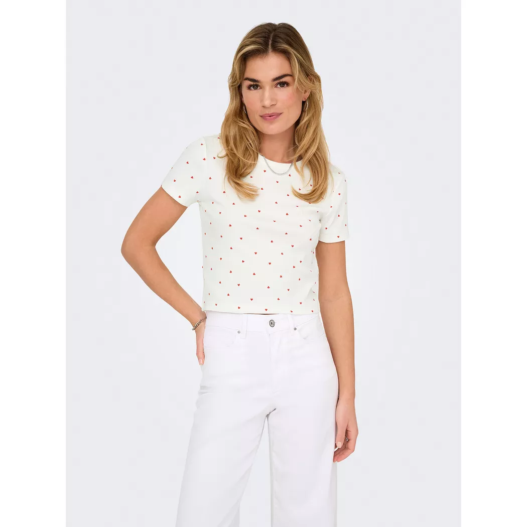 Kurzarmshirt ONLY "ONLFENJA LIFE SS AOP TOP JRS NOOS", Damen, Gr. XS, cloud dancer aop:hearts, Jersey, Obermaterial: 95% Baumwolle, 5% Elasthan, bedruckt, regular fit normal, Rundhals, Shirts, Baumwollmischung, Cropped Fit, Rundhals