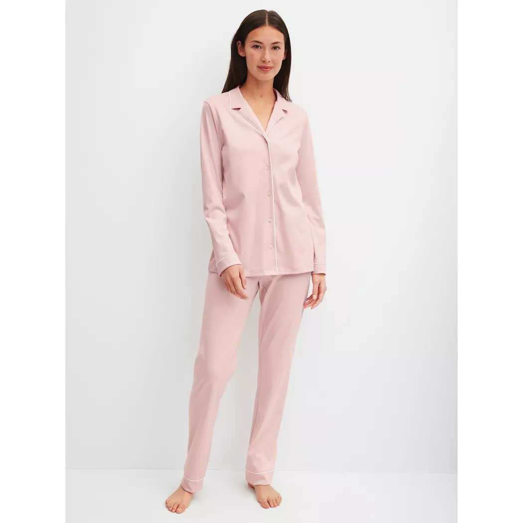 Schlafanzug CALIDA "Night Lovers", Damen, Gr. S (40/42), peach rose, Interlock, Obermaterial: 100% Baumwolle, bequem lang, V-Ausschnitt, Homewear-Sets Schlafanzug, Knopfleiste, Pure Cotton, Interlock-Qualität, Langarm