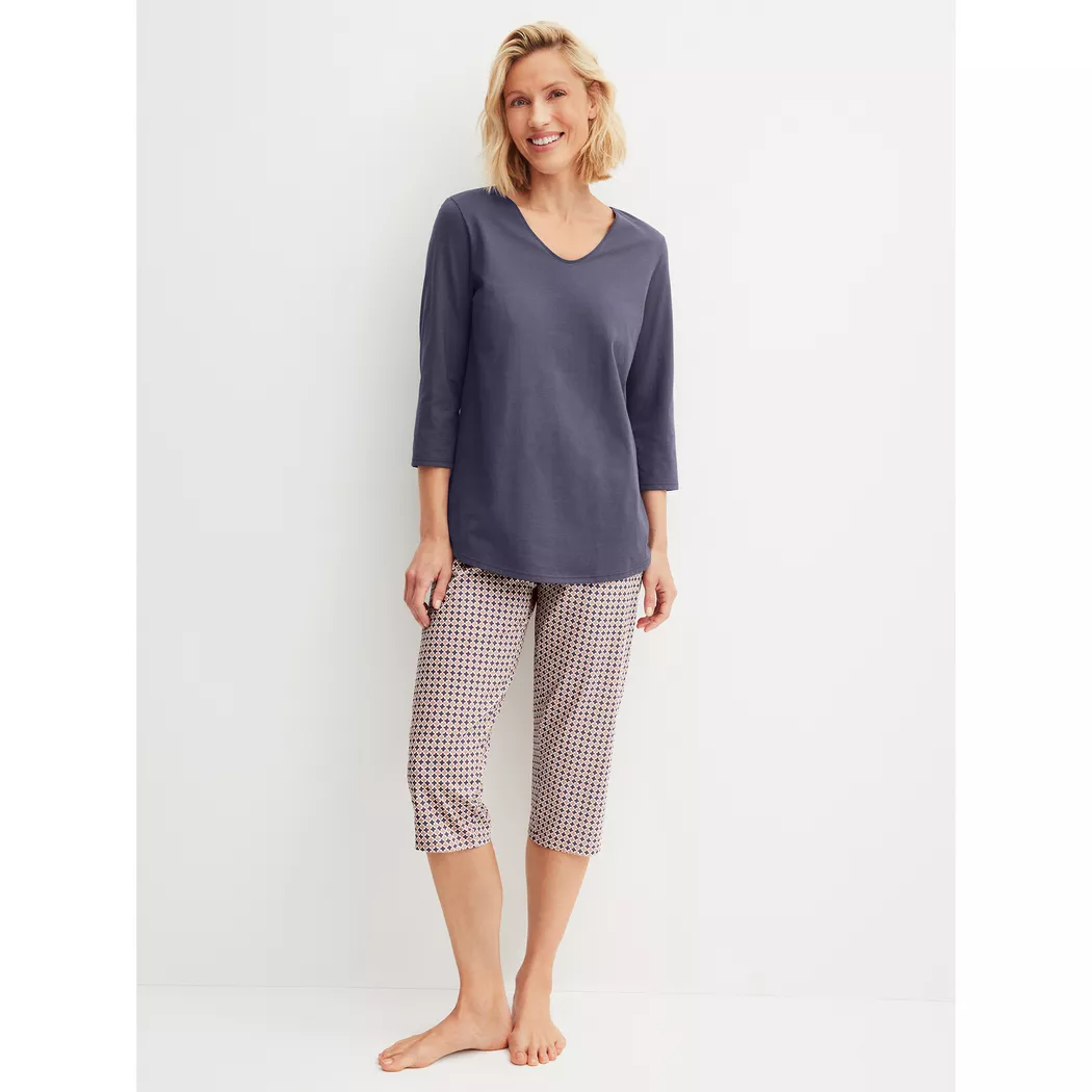 Schlafanzug CALIDA "Graphic Nights", Damen, Gr. M (44/46), graystone, Single Jersey, Obermaterial: 100% Baumwolle, bequem lang, Rundhals, Homewear-Sets Schlafanzug, Streifen-Design, Single Jersey Qualität, Rundhals, Langarm, weich