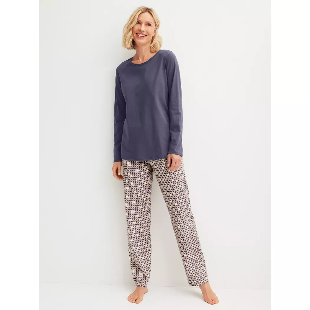 Schlafanzug CALIDA "Graphic Nights", Damen, Gr. M (44/46), graystone, Single Jersey, Obermaterial: 100% Baumwolle, bequem lang, Rundhals, Homewear-Sets Schlafanzug, Streifen-Design, Single Jersey Qualität, Rundhals, Langarm, weich 2