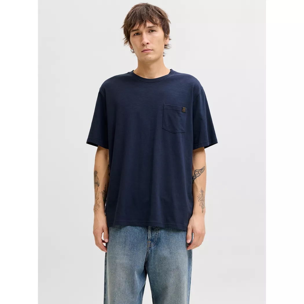 T-Shirt JACK & JONES "JJECORP Herren-Tee mit figurbetonter Silhouette", Herren, Gr. L, blau (navy), Jersey, Obermaterial: 100% Baumwolle, bedruckt, schmal hüftbedeckend, Rundhals, gerader Abschluss, Shirts T-Shirt, bedruckt, modisch, schmal, Baumwolle, Ru 5