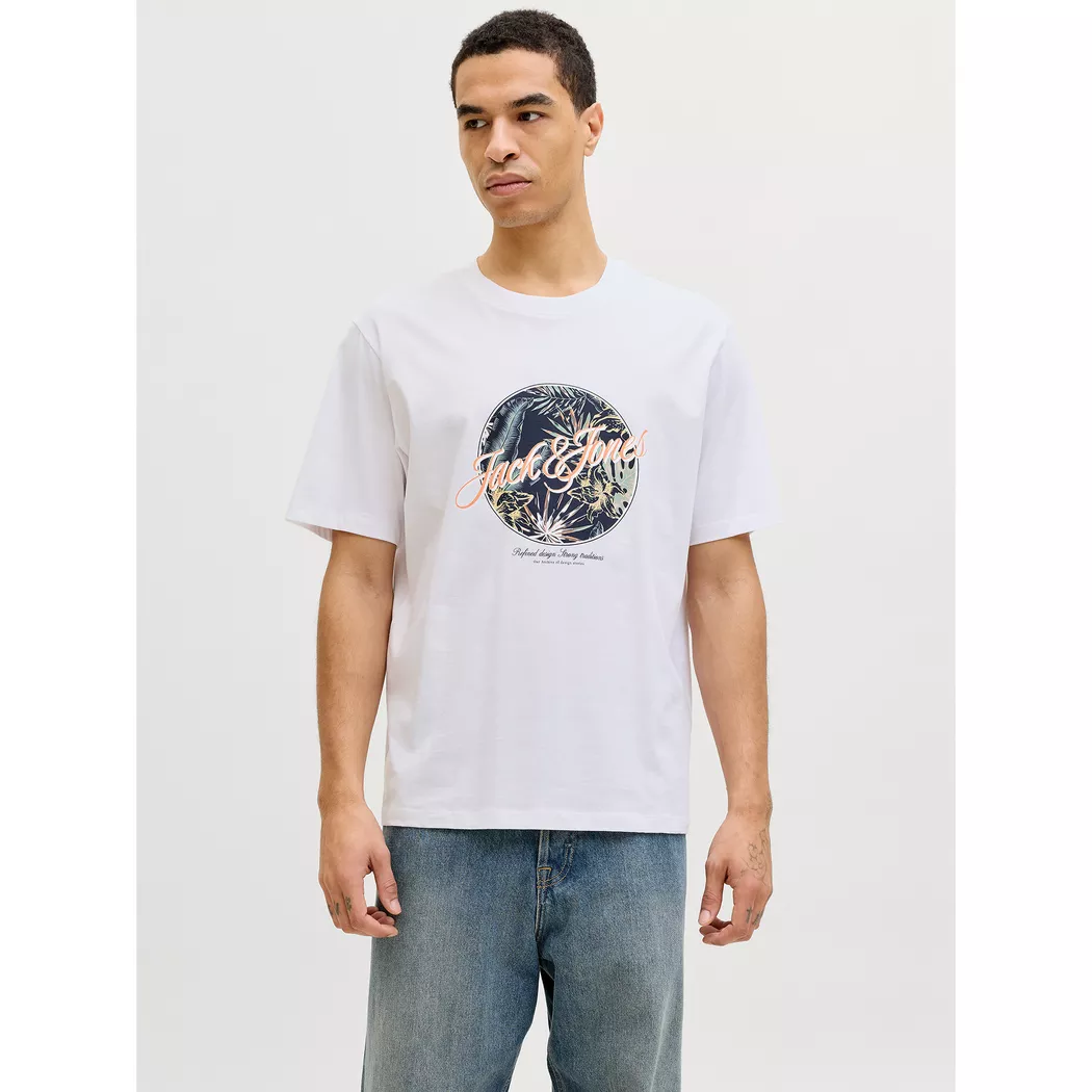 Rundhalsshirt JACK & JONES "JJECORP OLD LOGO TEE SS O-NECK NOOS", Herren, Gr. L, weiß (weiß detail:slim fit), Jersey, Obermaterial: 100% Baumwolle, bedruckt, regular fit normal, Rundhals, Shirts Rundhalsshirt 2