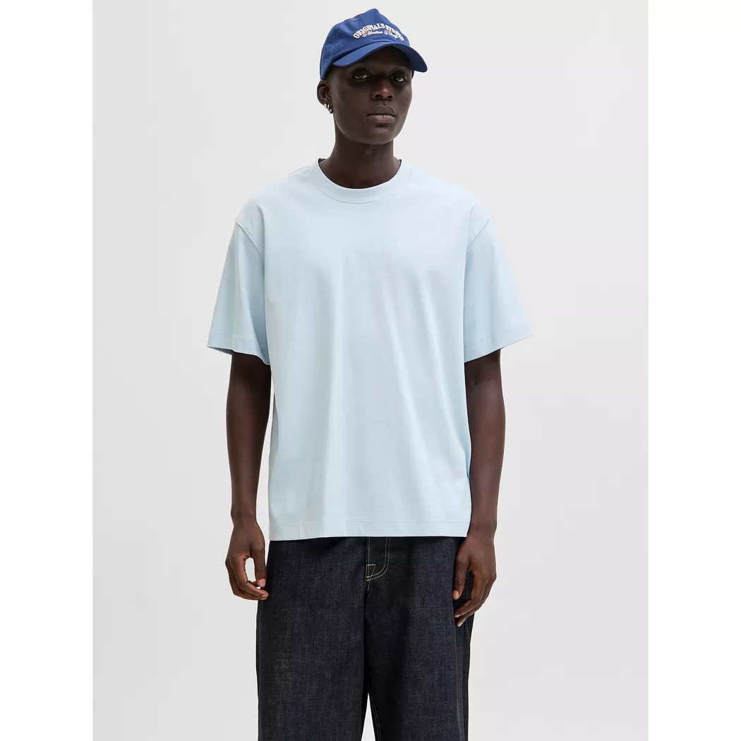 Rundhalsshirt JACK & JONES "JJHONOLULU AOP TEE SS CREW NECK", Damen, Gr. M, celestial blau, Jersey, Obermaterial: 100% Baumwolle, bedruckt, regular fit normal, Rundhals, Shirts Rundhalsshirt, Baumwolle, regular fit