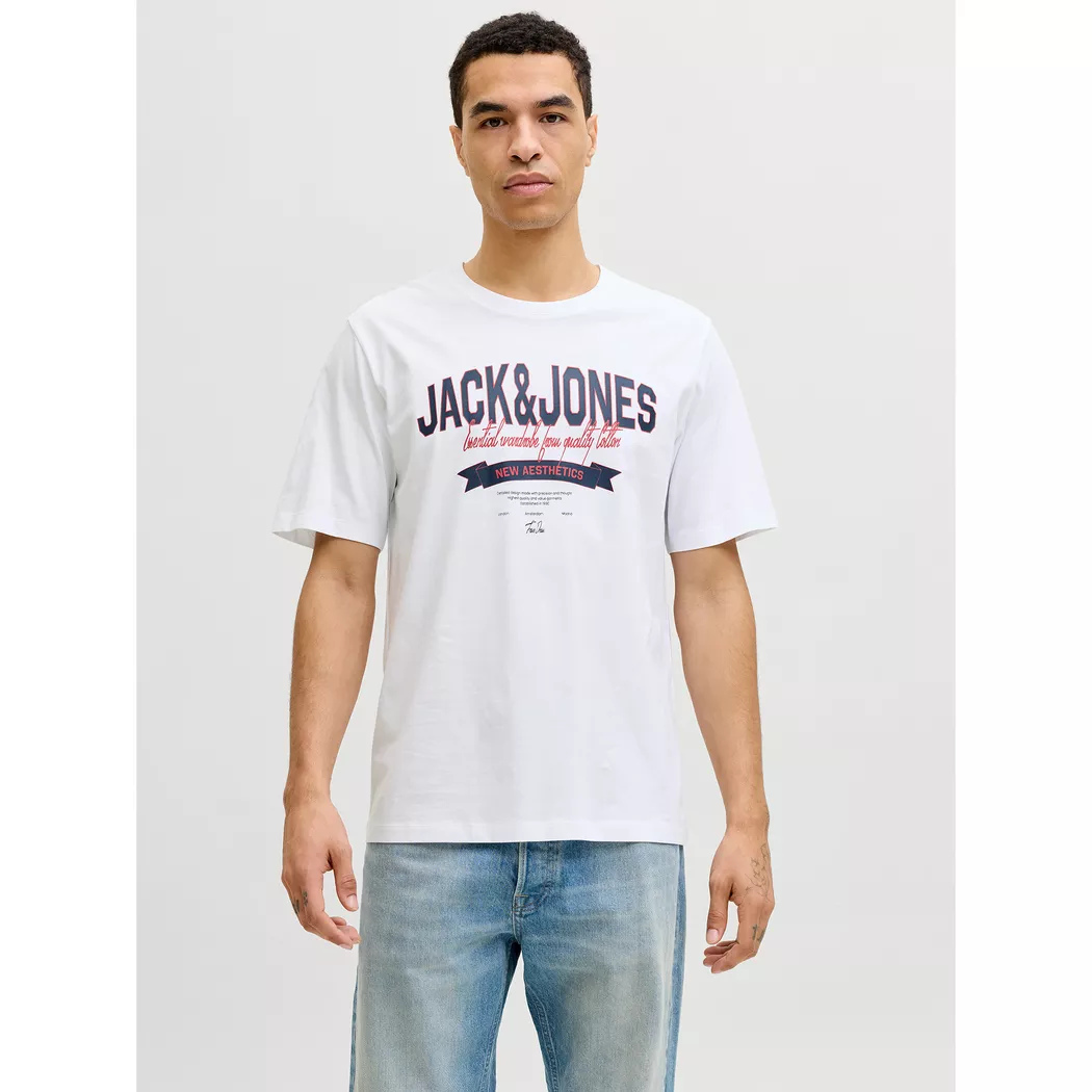 Rundhalsshirt JACK & JONES "JJECORP OLD LOGO TEE SS O-NECK NOOS", Herren, Gr. L, weiß (weiß detail:slim fit), Jersey, Obermaterial: 100% Baumwolle, bedruckt, regular fit normal, Rundhals, Shirts Rundhalsshirt