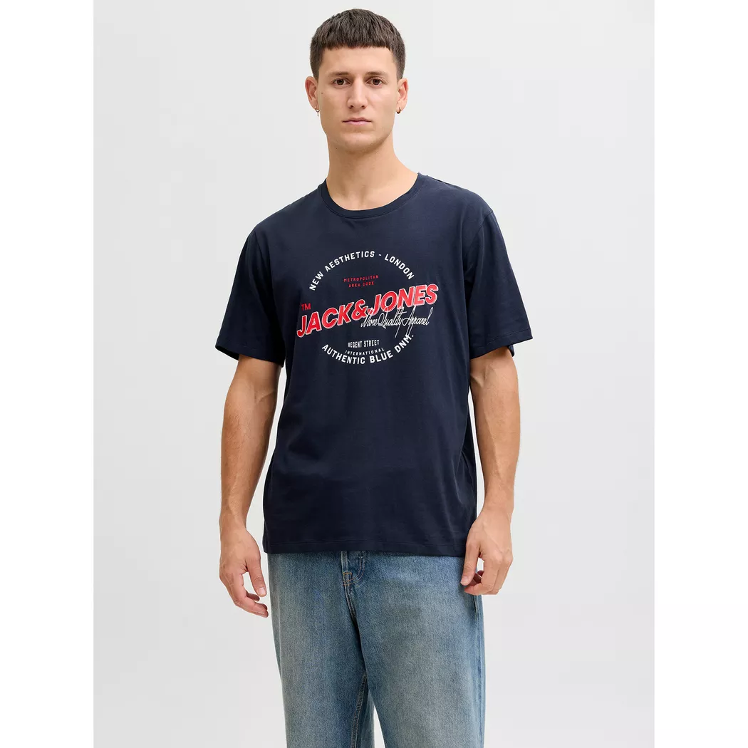 T-Shirt JACK & JONES "JJECORP Herren-Tee mit figurbetonter Silhouette", Herren, Gr. L, blau (navy), Jersey, Obermaterial: 100% Baumwolle, bedruckt, schmal hüftbedeckend, Rundhals, gerader Abschluss, Shirts T-Shirt, bedruckt, modisch, schmal, Baumwolle, Ru 4