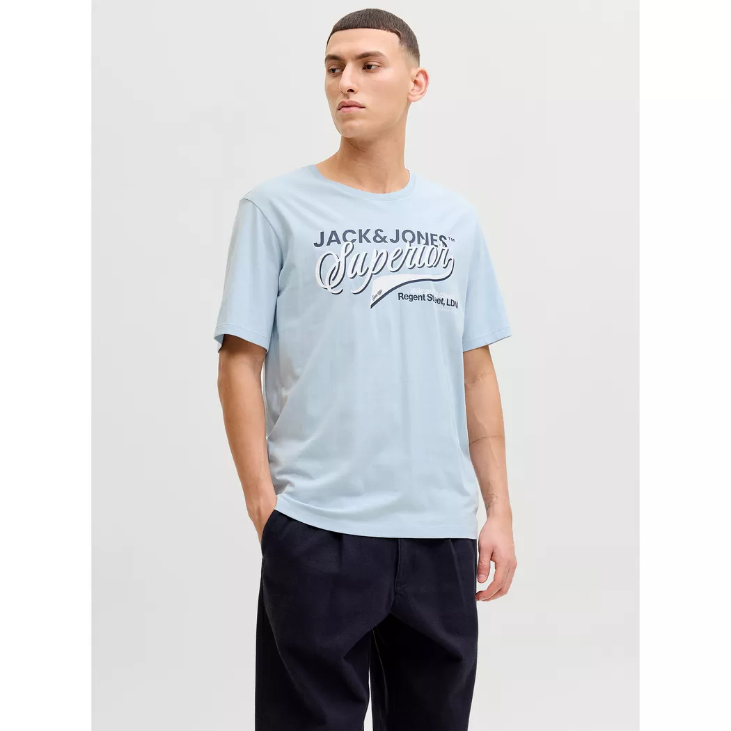 Rundhalsshirt JACK & JONES "JJHONOLULU AOP TEE SS CREW NECK", Damen, Gr. M, celestial blau, Jersey, Obermaterial: 100% Baumwolle, bedruckt, regular fit normal, Rundhals, Shirts Rundhalsshirt, Baumwolle, regular fit 2