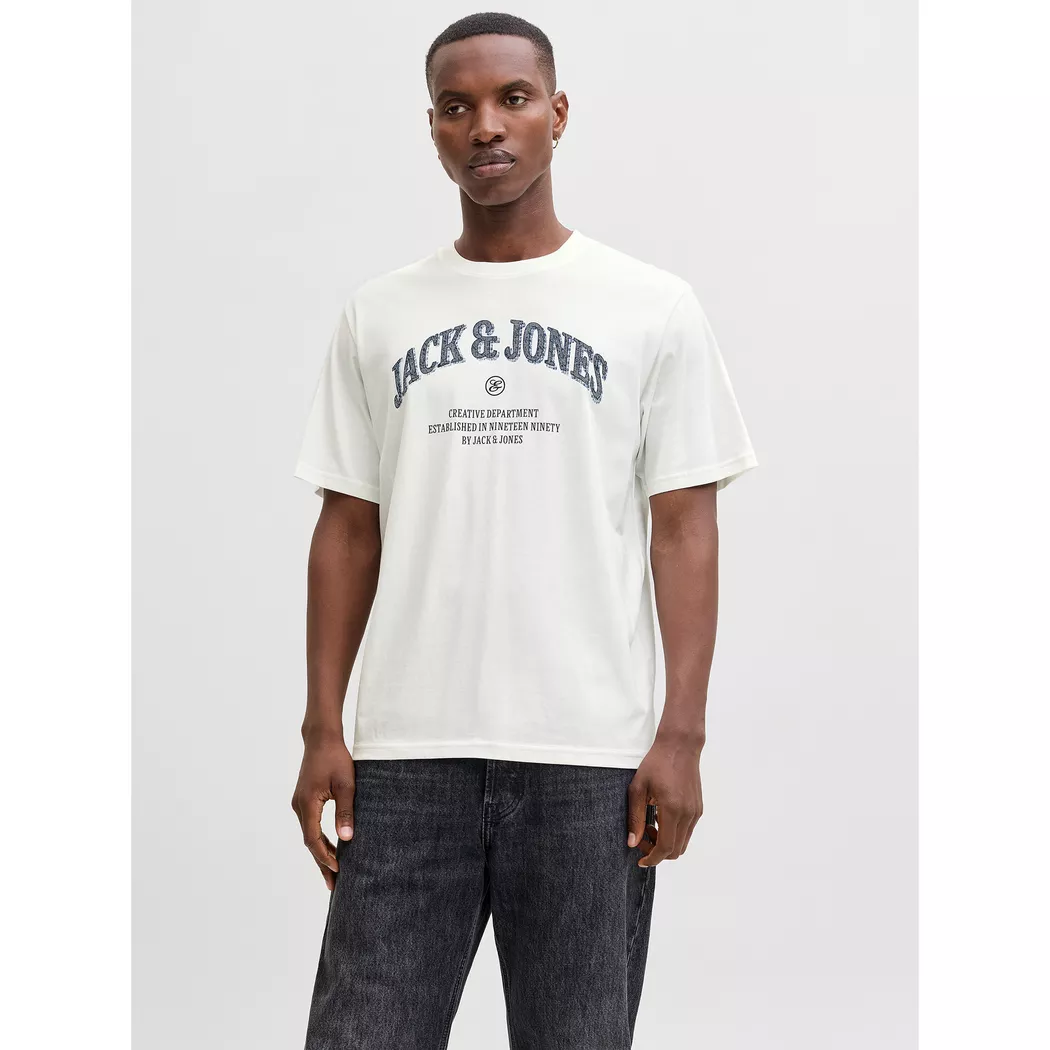 Rundhalsshirt JACK & JONES "JJECORP OLD LOGO TEE SS O-NECK NOOS", Herren, Gr. L, weiß (weiß detail:slim fit), Jersey, Obermaterial: 100% Baumwolle, bedruckt, regular fit normal, Rundhals, Shirts Rundhalsshirt 10