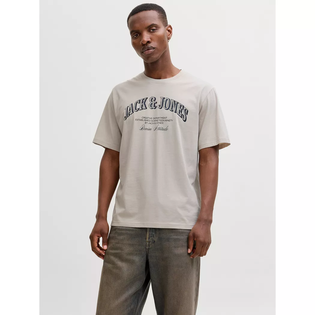 T-Shirt JACK & JONES "JJESOHO TEE SS CREW NECK NOOS", Herren, Gr. L, gelb (moonbeam), Single Jersey, Obermaterial: 100% Baumwolle, bedruckt, relaxed fit normal, Rundhals, Shirts T-Shirt, Baumwolle, relaxed fit